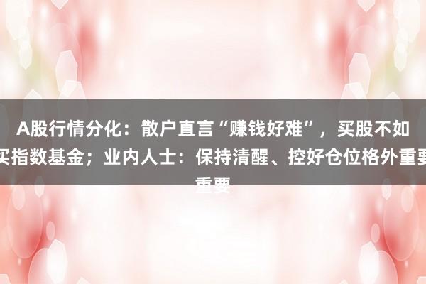 A股行情分化：散户直言“赚钱好难”，买股不如买指数基金；业内人士：保持清醒、控好仓位格外重要