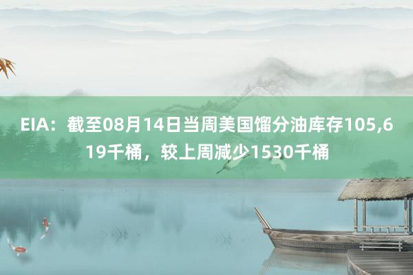 EIA：截至08月14日当周美国馏分油库存105,619千桶，较上周减少1530千桶